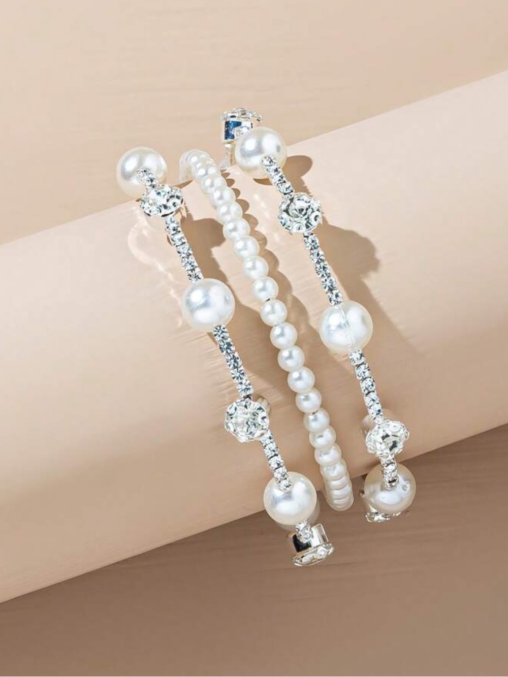 Elegant Pearl & Crystal Stretch Bracelet Set - White